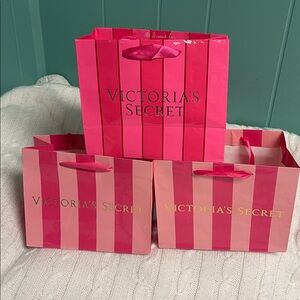 3 VICTORIA’S SECRET SMALL PINK STRIPE GLOSSY SHOPPING BAGS 2 GOLD 1 SILVER LOGO